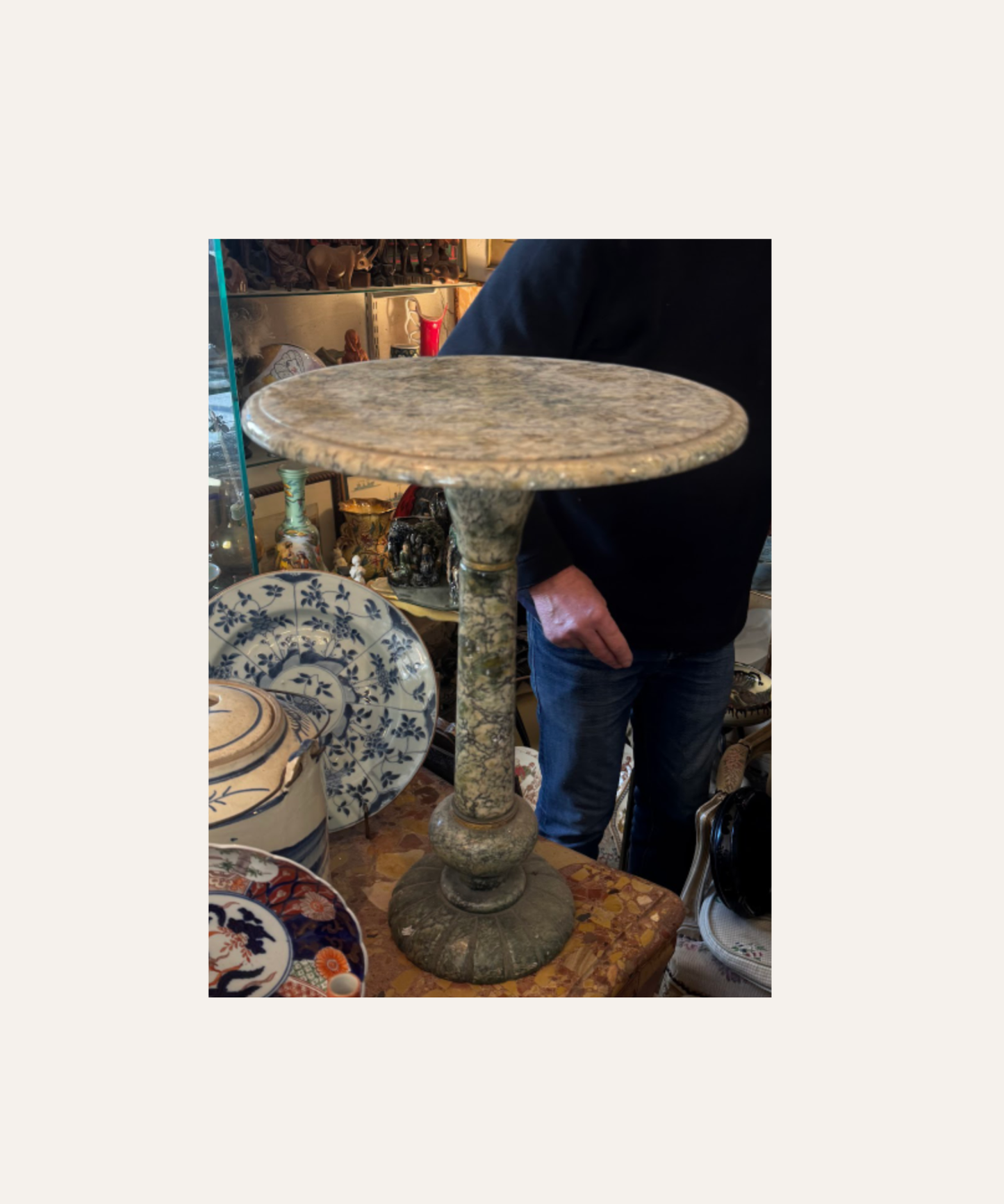 Antique 1920s Green Marble Pedestal Side Table