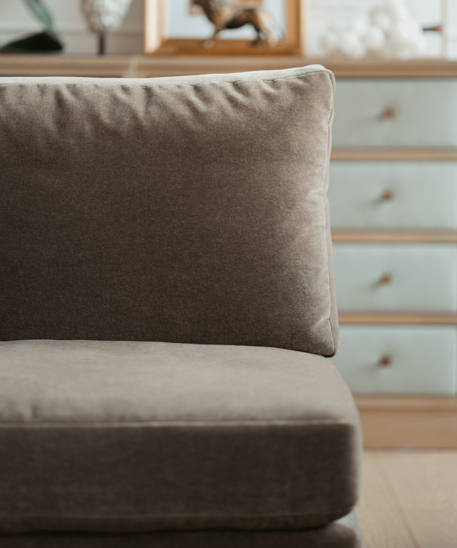 Leigh Armless Velvet Mohair Sofa, Truffle - Stephenson House