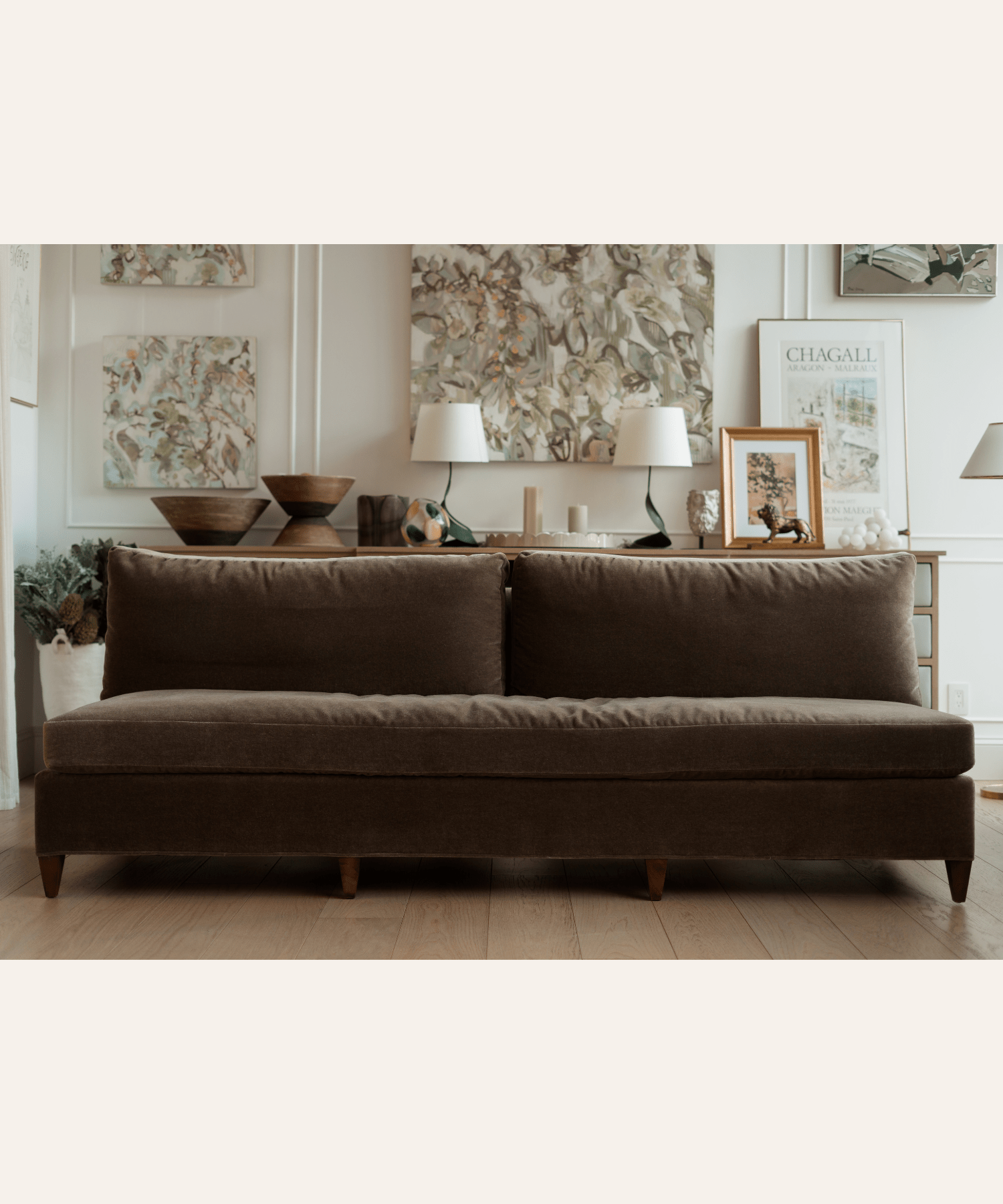 Leigh Armless Velvet Mohair Sofa, Truffle - Stephenson House