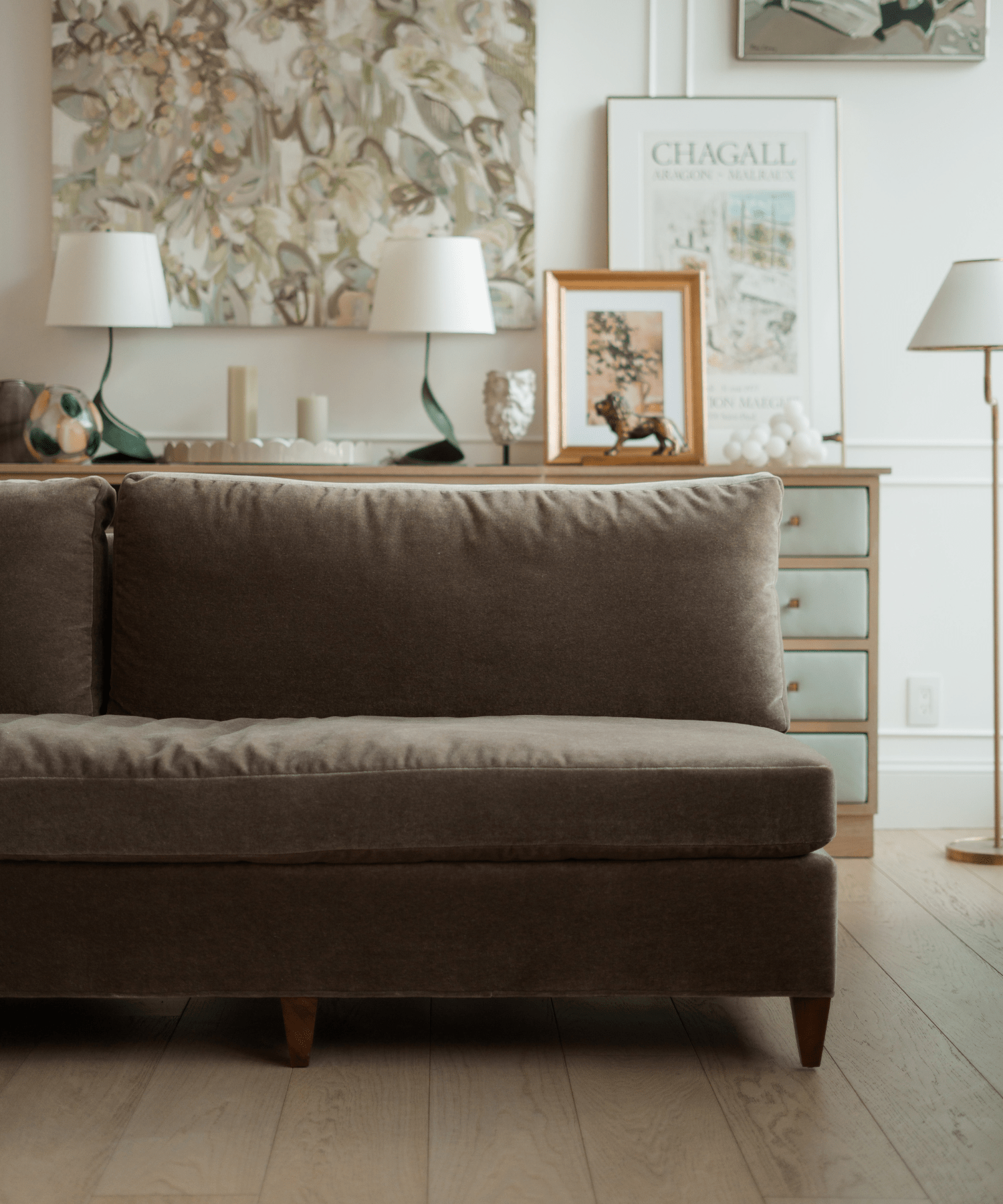 Leigh Armless Velvet Mohair Sofa, Truffle - Stephenson House