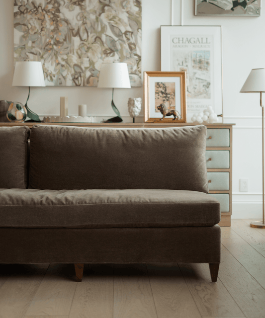 Leigh Armless Velvet Mohair Sofa, Truffle - Stephenson House