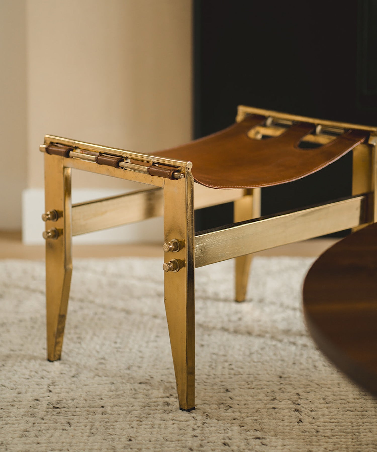 Vintage Leather & Brass Bench - Stephenson House