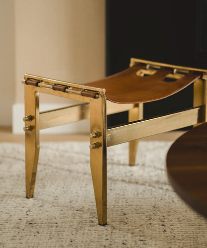 Vintage Leather & Brass Bench - Stephenson House