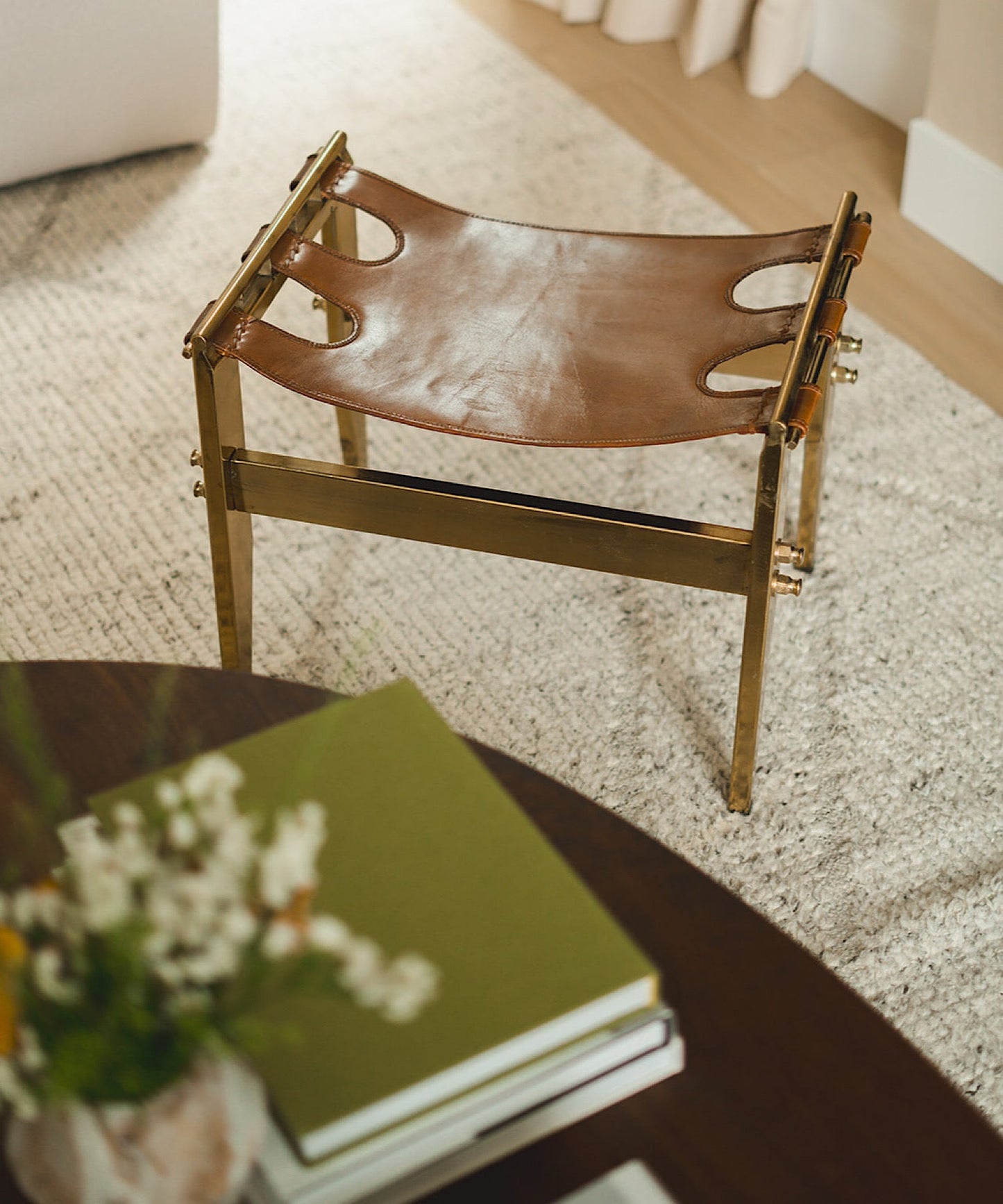 Vintage Leather & Brass Bench - Stephenson House