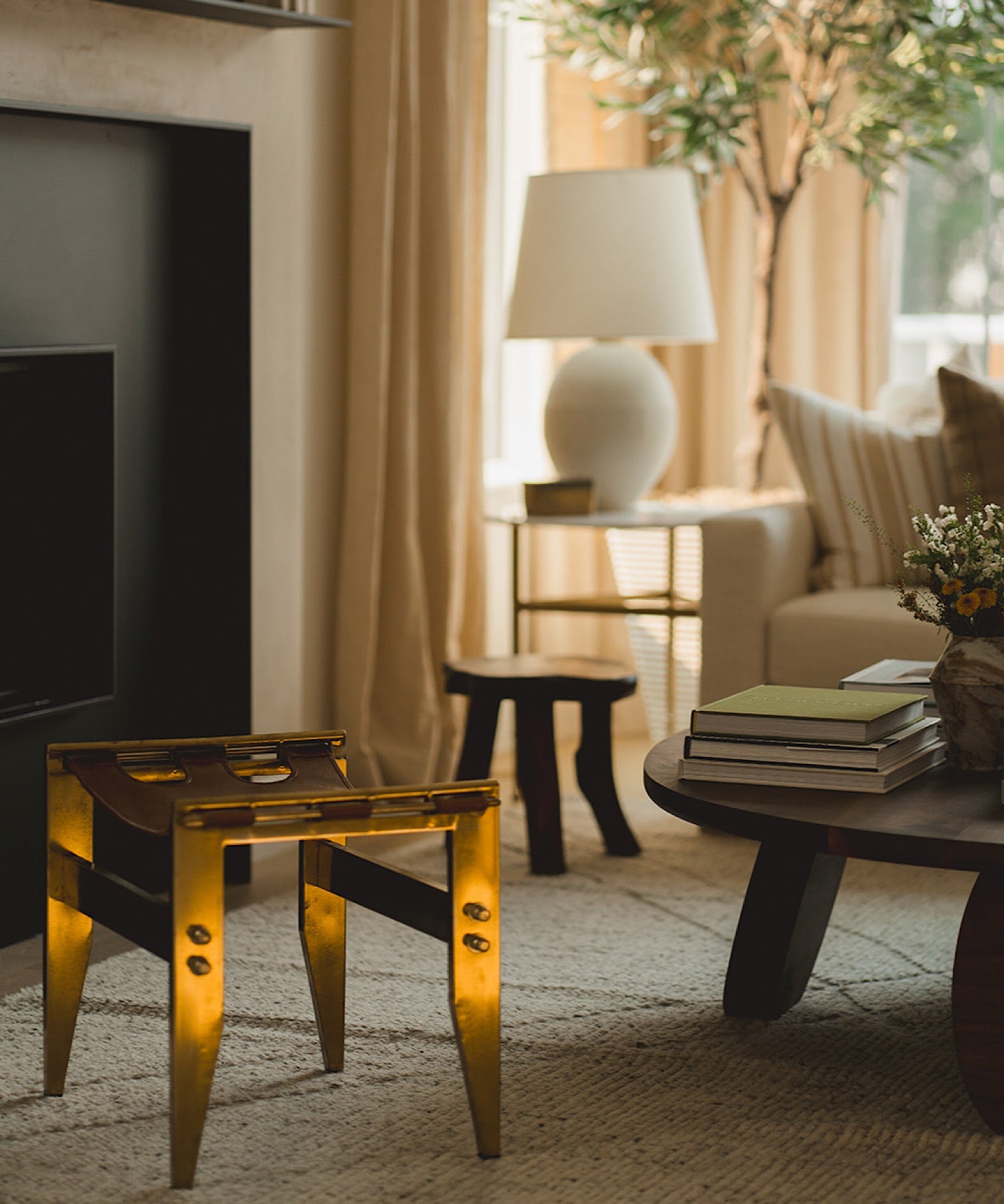 Vintage Leather & Brass Bench - Stephenson House