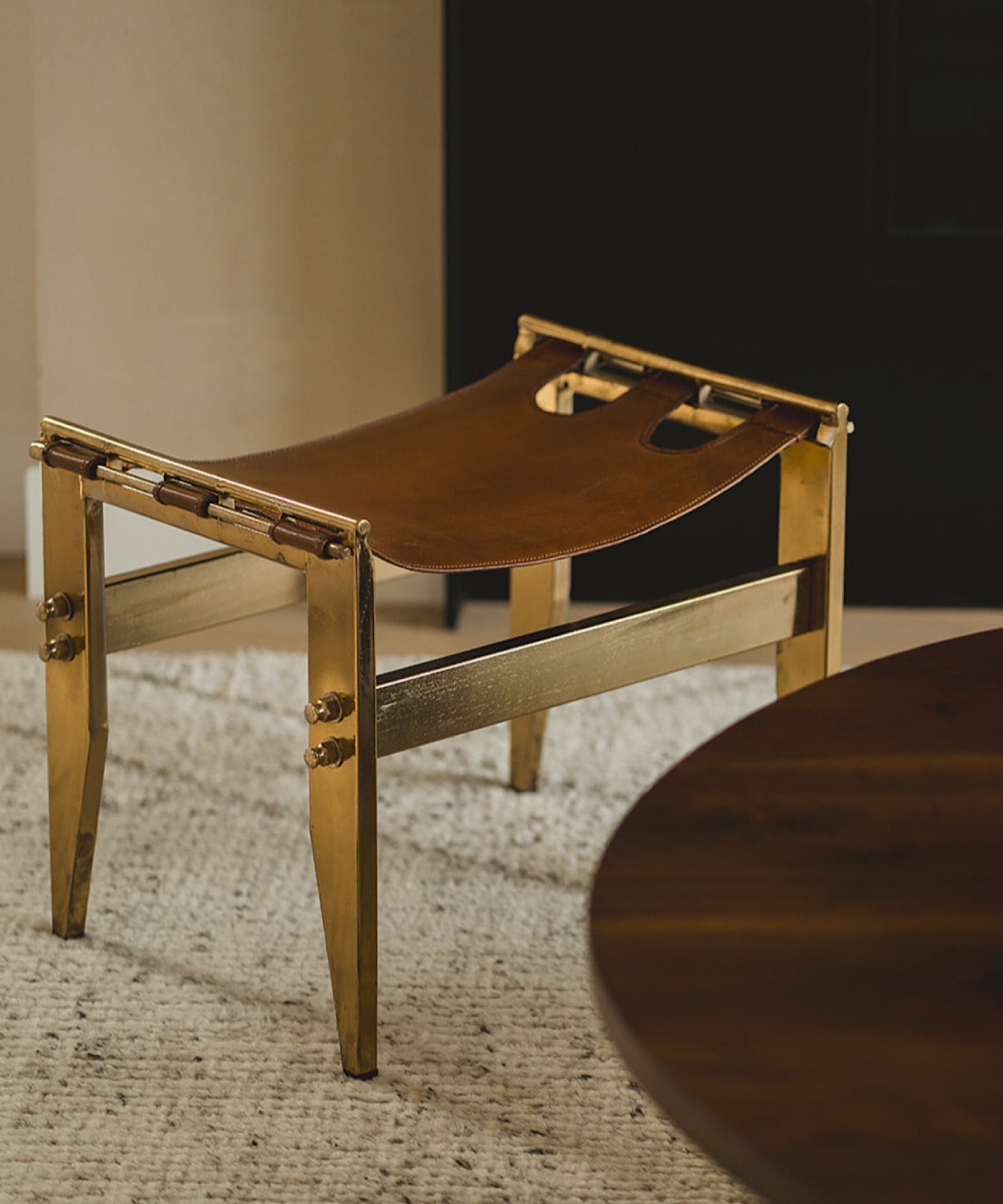 Vintage Leather & Brass Bench - Stephenson House